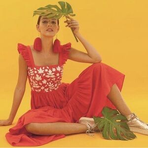 Carolina K Kuna Embroidered Maxi Dress Red White Size Medium